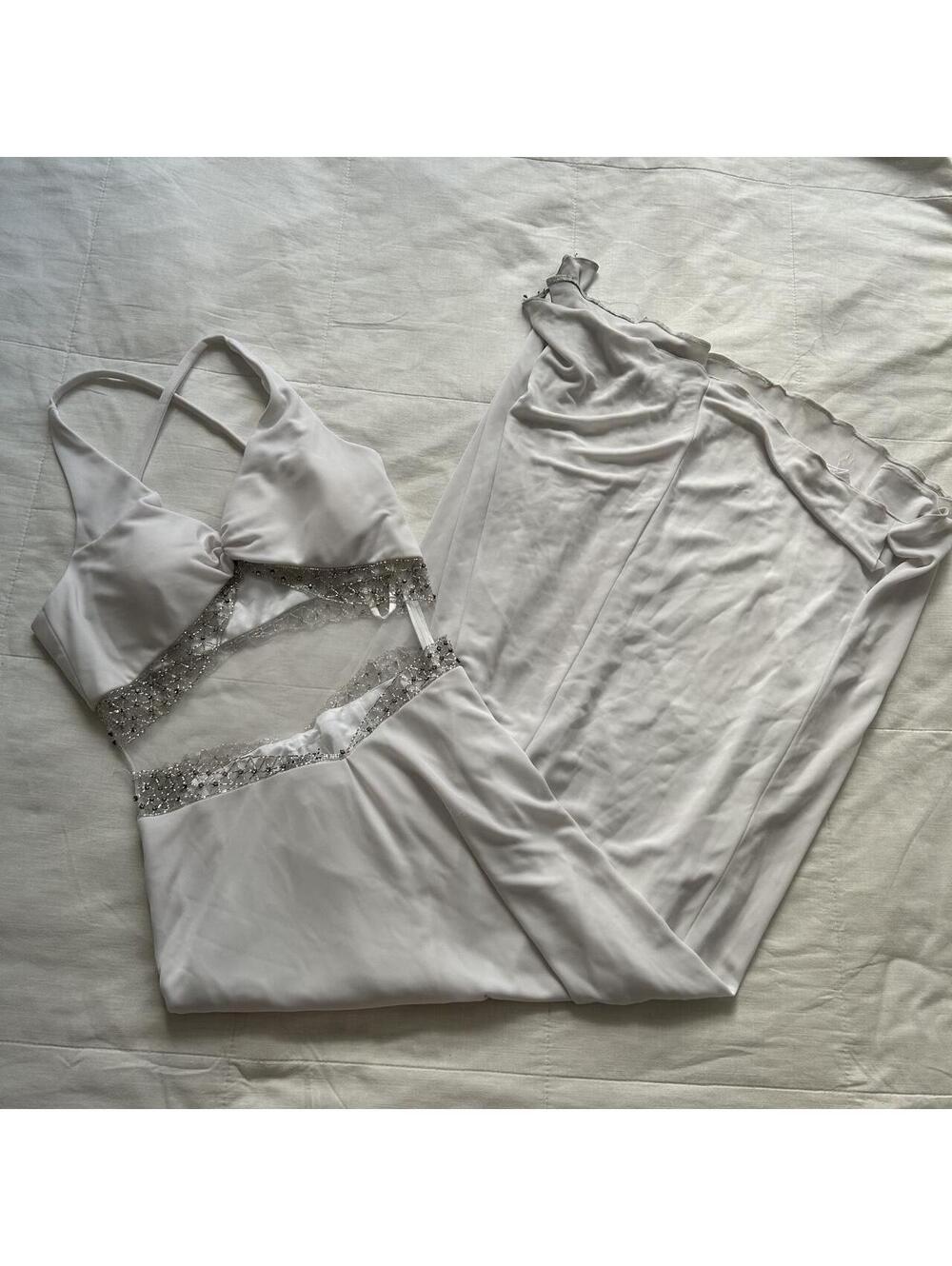 Jovani Ivory White Beaded Cutout Halter Formal Evening Gown Size 12